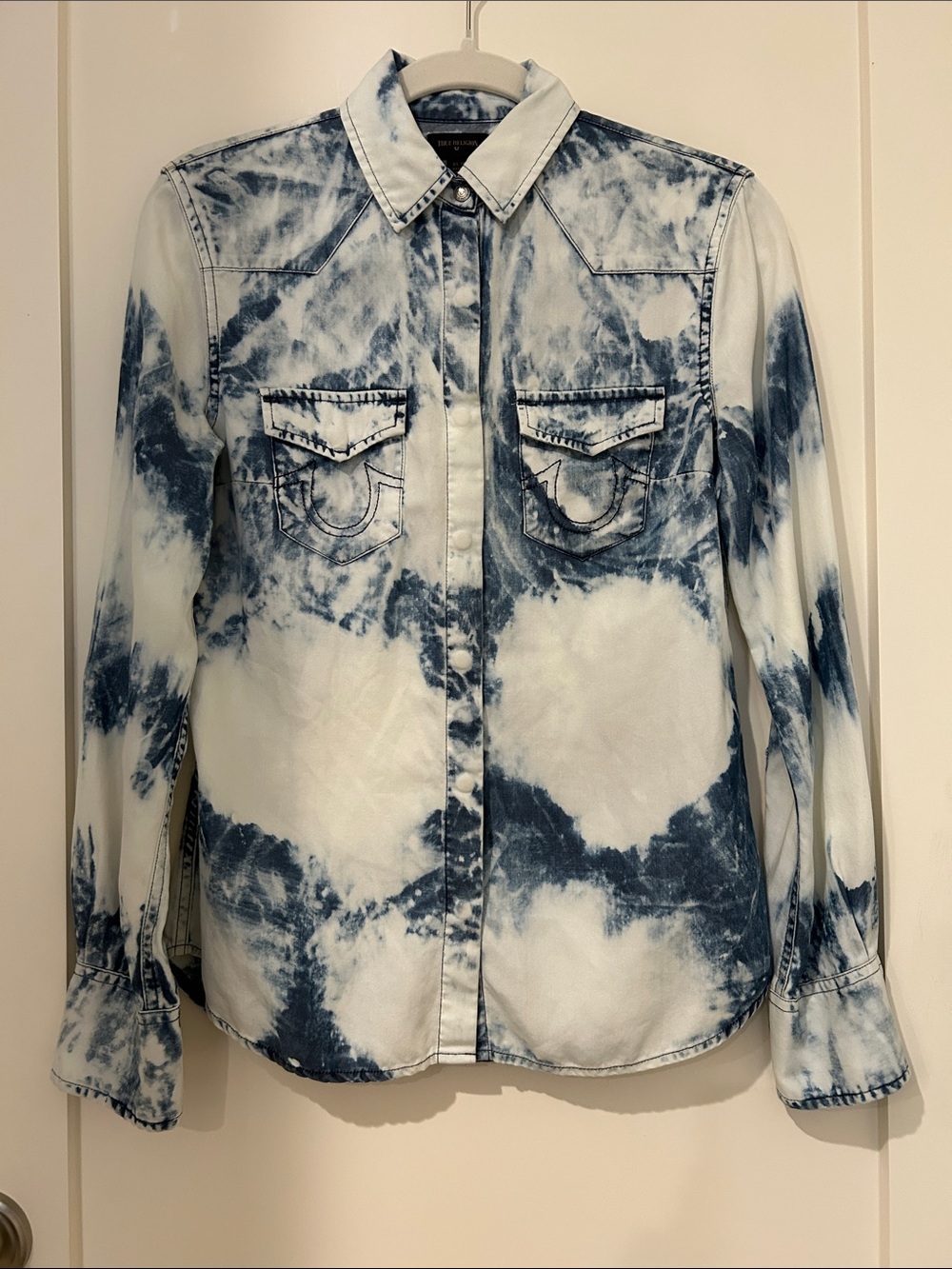 True Religion Tie-Dye Snap Button-Up Shirt - Blue and White